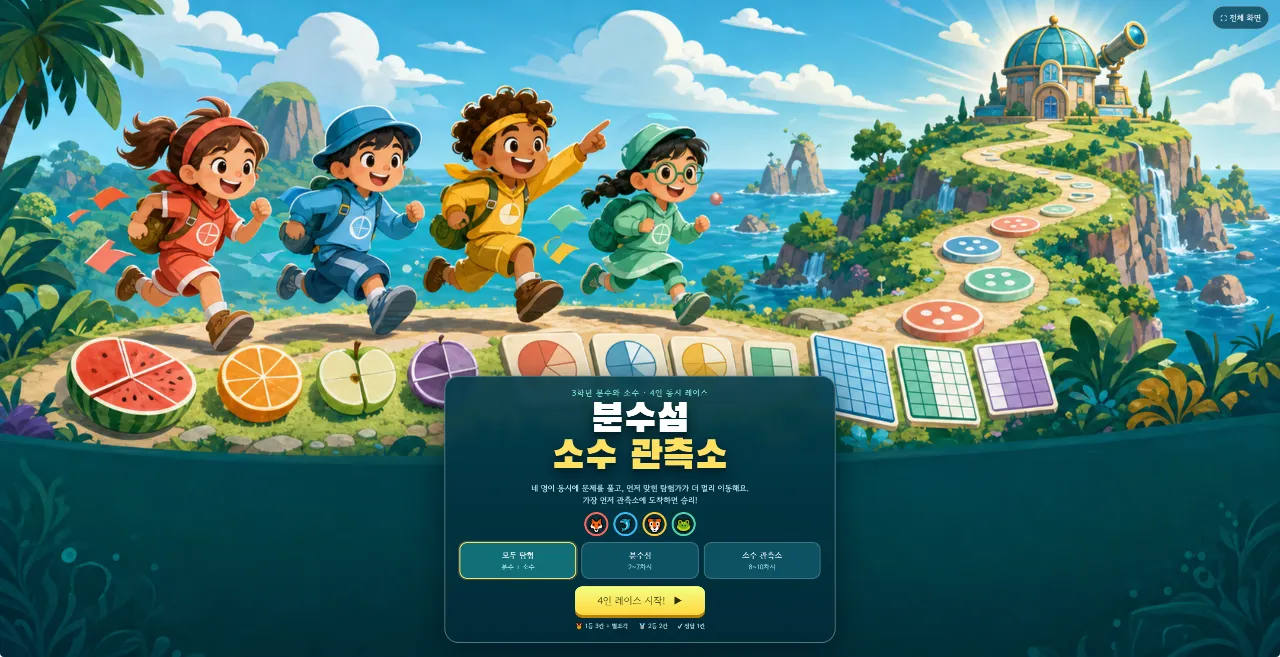 초등 3학년 분수·소수 4인 대결 전자칠판 게임 대표 화면