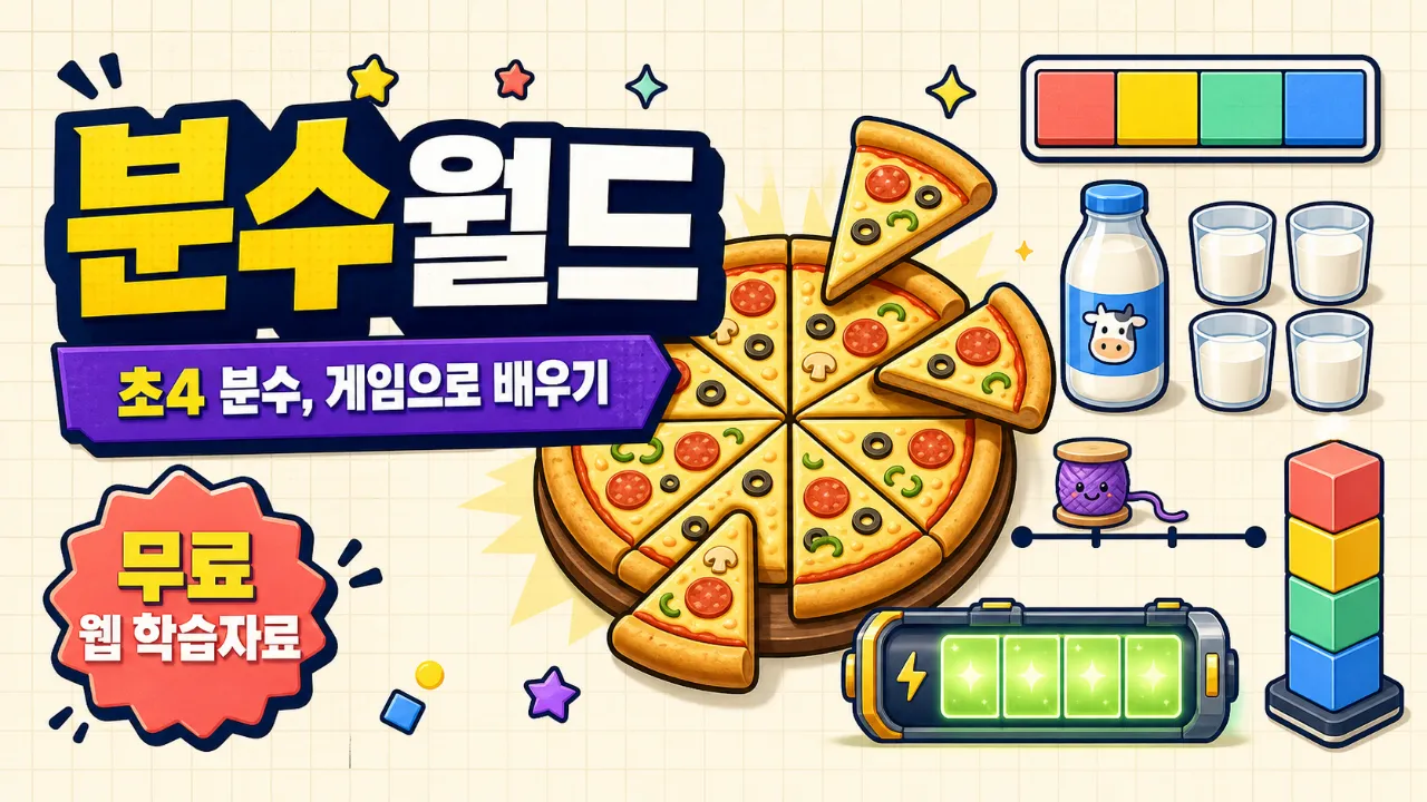 초4 분수의 덧셈과 뺄셈 게임형 웹앱 ‘분수월드' 대표 화면