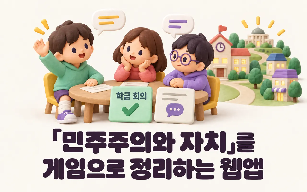「민주주의와 자치」를 게임으로 정리하는 웹앱 대표 화면