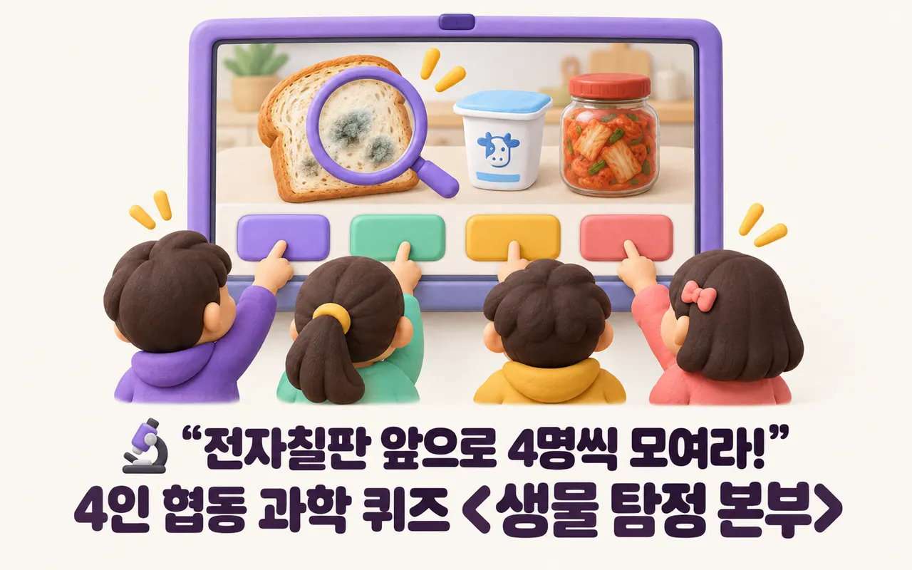 🔬 "전자칠판 앞으로 4명씩 모여라!" 4인 협동 과학 퀴즈 <생물 탐정 본부> 대표 화면
