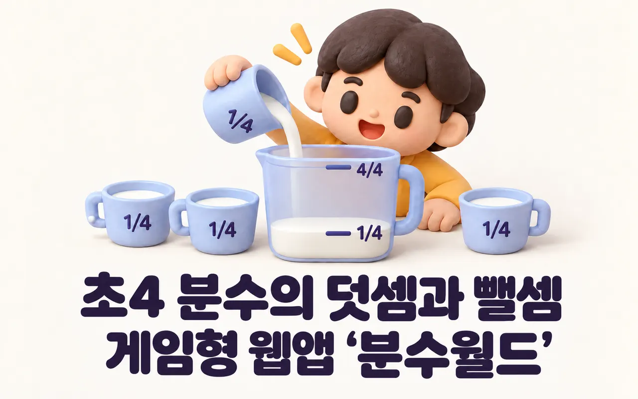 초4 분수의 덧셈과 뺄셈 게임형 웹앱 ‘분수월드' 대표 화면